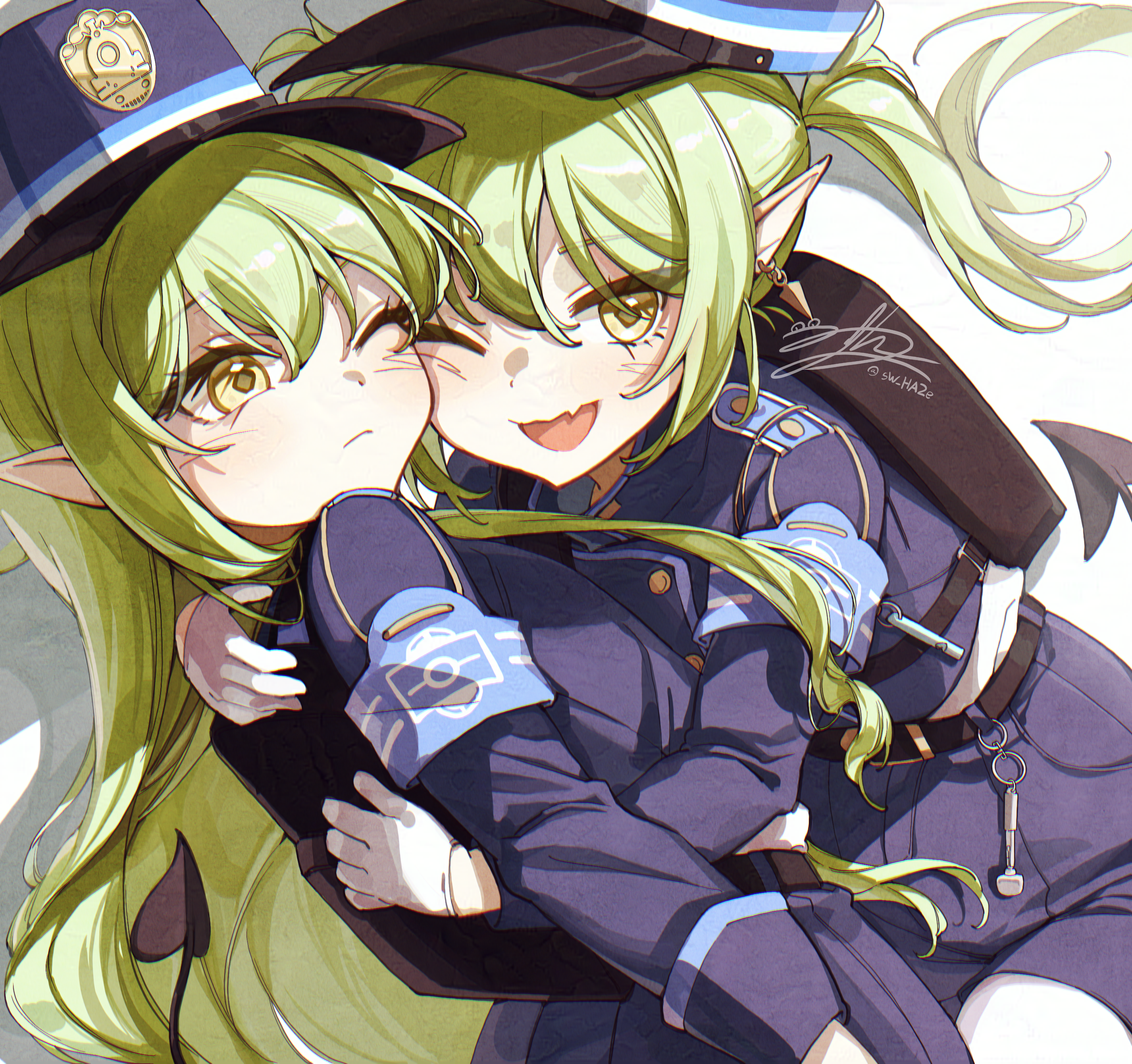 sw haze, hikari (blue archive), nozomi (blue archive), blue archive, absurdres, commentary, highres, 2girls, armband, belt, black belt, black tail, blue armband, closed mouth, demon tail, fang, gloves, green hair, hat, hug, long hair, long sleeves, looking at viewer, multiple girls, one eye closed, open mouth, peaked cap, pointy ears, siblings, simple background, sisters, tail, twins, twintails, white background, white gloves, yellow eyes