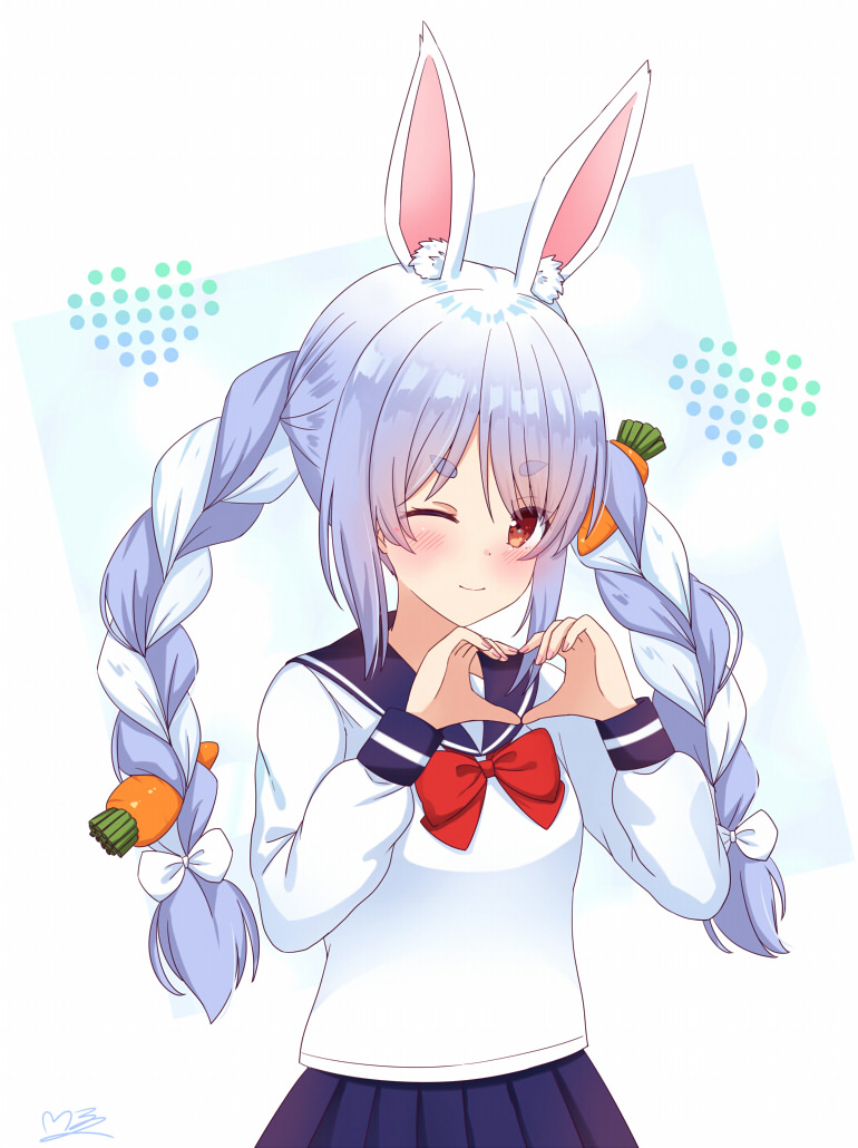 m ko (maxft2), usada pekora, hololive, commentary request, 1girl, animal ears, blue hair, blush, bow, bowtie, braid, carrot hair ornament, food-themed hair ornament, hair bow, hair ornament, heart, heart hands, long hair, long sleeves, looking at viewer, multicolored hair, one eye closed, orange eyes, pleated skirt, rabbit ears, rabbit girl, school uniform, serafuku, skirt, smile, solo, streaked hair, thick eyebrows, twin braids, virtual youtuber, white hair