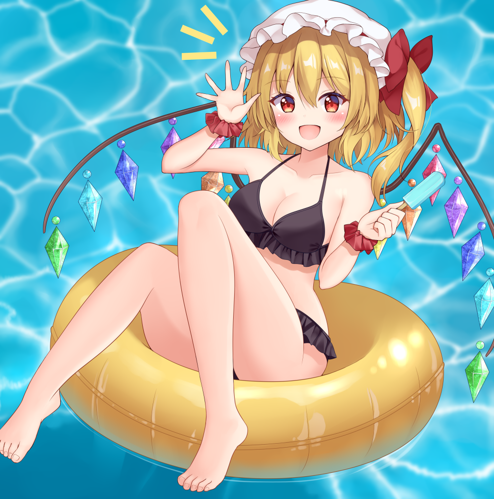 suigetsu (watermoon-910), flandre scarlet, touhou, commentary request, 1girl, :d, alternate breast size (larger), bare legs, bare shoulders, barefoot, bikini, black bikini, blush, bow, breasts, cleavage, collarbone, crystal wings, food, frilled bikini, frills, full body, hair between eyes, hair bow, hand up, hat, holding, holding food, holding popsicle, innertube, medium breasts, medium hair, mob cap, multicolored wings, notice lines, on innertube, open mouth, pool, popsicle, red bow, red eyes, scrunchie, side ponytail, sitting, smile, solo, swim ring, swimsuit, waving, white hat, wings, wrist scrunchie