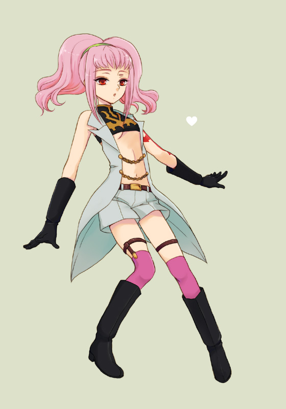 plum (arch), anya alstreim, code geass, 00s, 1girl, breasts, female focus, flat chest, full body, gloves, midriff, pink hair, red eyes, small breasts, solo, thighhighs, underboob