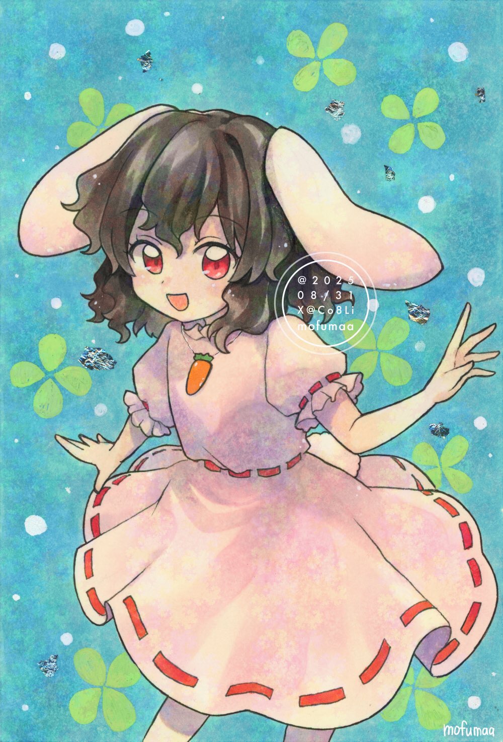 maa (forsythia1729), inaba tewi, touhou, commentary, hashtag-only commentary, highres, traditional media, 1girl, animal ears, artist name, brown hair, carrot necklace, dated, dress, floppy ears, jewelry, looking at viewer, necklace, open mouth, pendant, pink dress, puffy short sleeves, puffy sleeves, rabbit ears, rabbit girl, rabbit tail, red eyes, ribbon-trimmed dress, ribbon trim, short sleeves, smile, solo, tail, twitter username, watermark