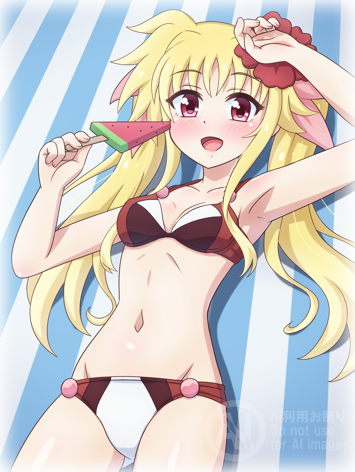 yosuzu, fate testarossa, lyrical nanoha, mahou shoujo lyrical nanoha exceeds: gun blaze vengeance, commentary request, highres, 1girl, bikini, blonde hair, breasts, brown bikini, food, groin, hair ribbon, long hair, lying, navel, popsicle, red eyes, ribbon, small breasts, solo, swimsuit, twintails, watermelon bar