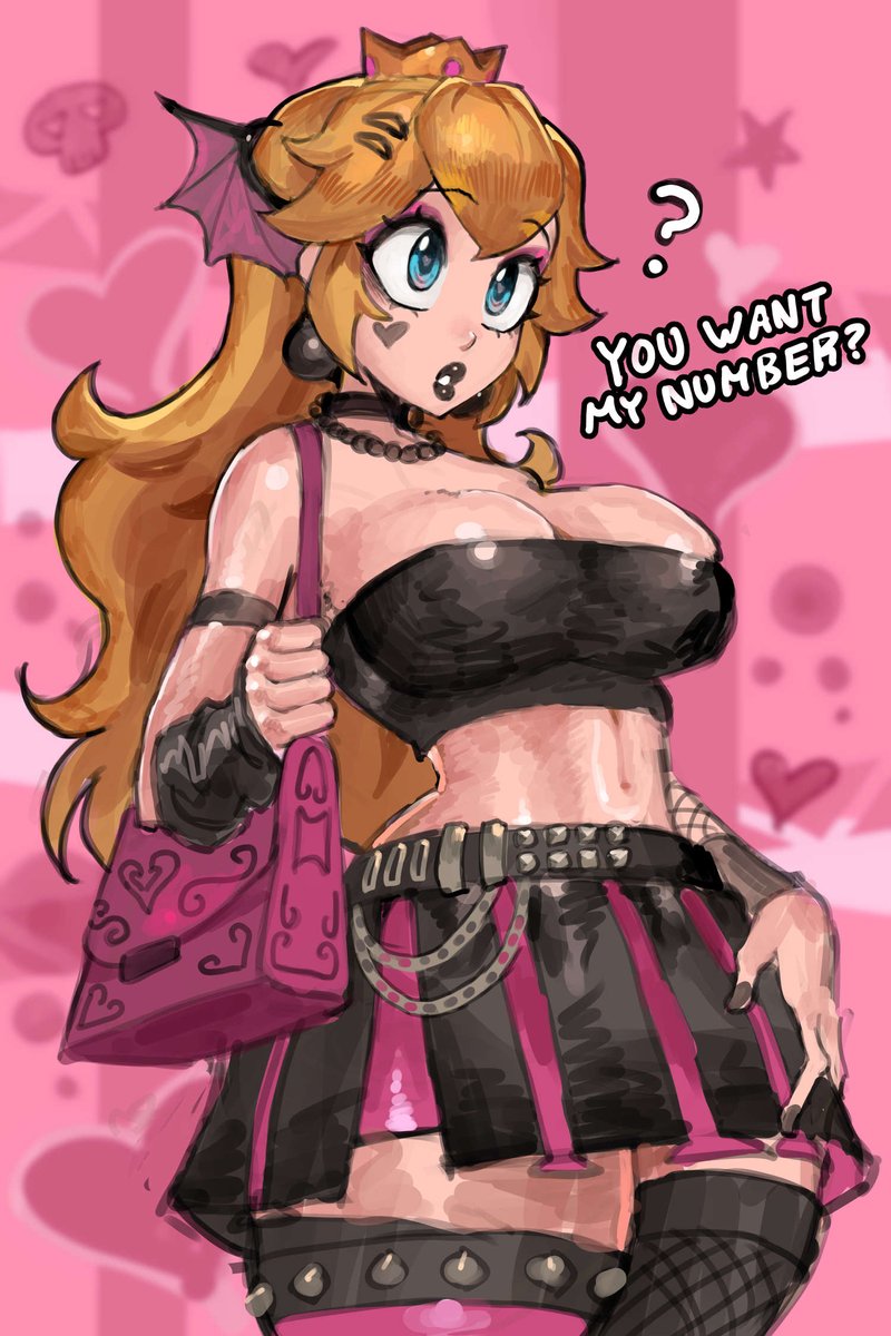 saiykik, princess peach, mario (series), nintendo, highres, 1girl, alternate costume, armlet, bag, bat wings, belt, black lips, black skirt, blonde hair, blue eyes, breasts, choker, crown, earrings, english text, fishnets, goth fashion, hair between eyes, hair ornament, hand on own hip, hand on own leg, handbag, head wings, heart, jewelry, large breasts, lipstick, long hair, makeup, miniskirt, navel, necklace, pink background, pink bag, pink skirt, sidelocks, skirt, spiked thigh strap, strapless, thighhighs, two-tone skirt, wings, wristband