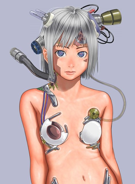 brazen, 1girl, android, bare shoulders, cable, cyborg, female focus, grey background, grey hair, looking at viewer, mechabare, multicolored eyes, navel, short hair, simple background, solo, upper body