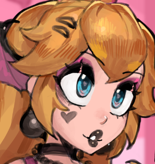saiykik, princess peach, mario (series), nintendo, lowres, bat wings, black lips, blonde hair, blue eyes, choker, earrings, goth fashion, hair between eyes, hair ornament, head wings, heart, jewelry, light smile, lipstick, long hair, makeup, necklace, pink background, sidelocks, smile, wings