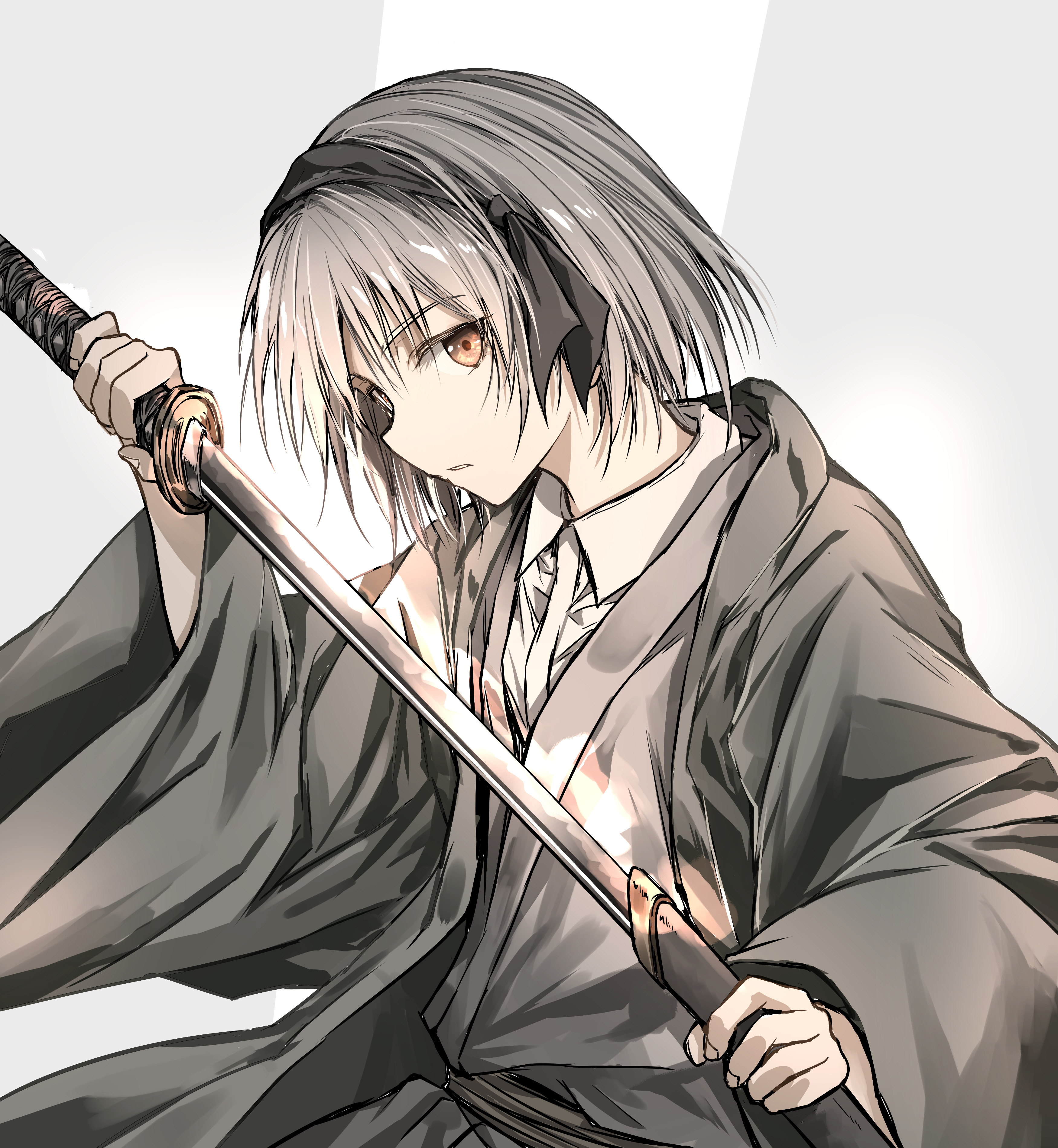 shimoda masaya, konpaku youmu, touhou, absurdres, commentary, highres, 1girl, arm up, black hairband, black ribbon, brown eyes, collared shirt, expressionless, grey background, grey hair, grey kimono, hairband, holding, holding sheath, holding sword, holding weapon, japanese clothes, kimono, long sleeves, looking at viewer, medium hair, ribbon, scabbard, sheath, sheathing, shirt, solo, sword, two-tone background, upper body, weapon, white background, white shirt, wide sleeves