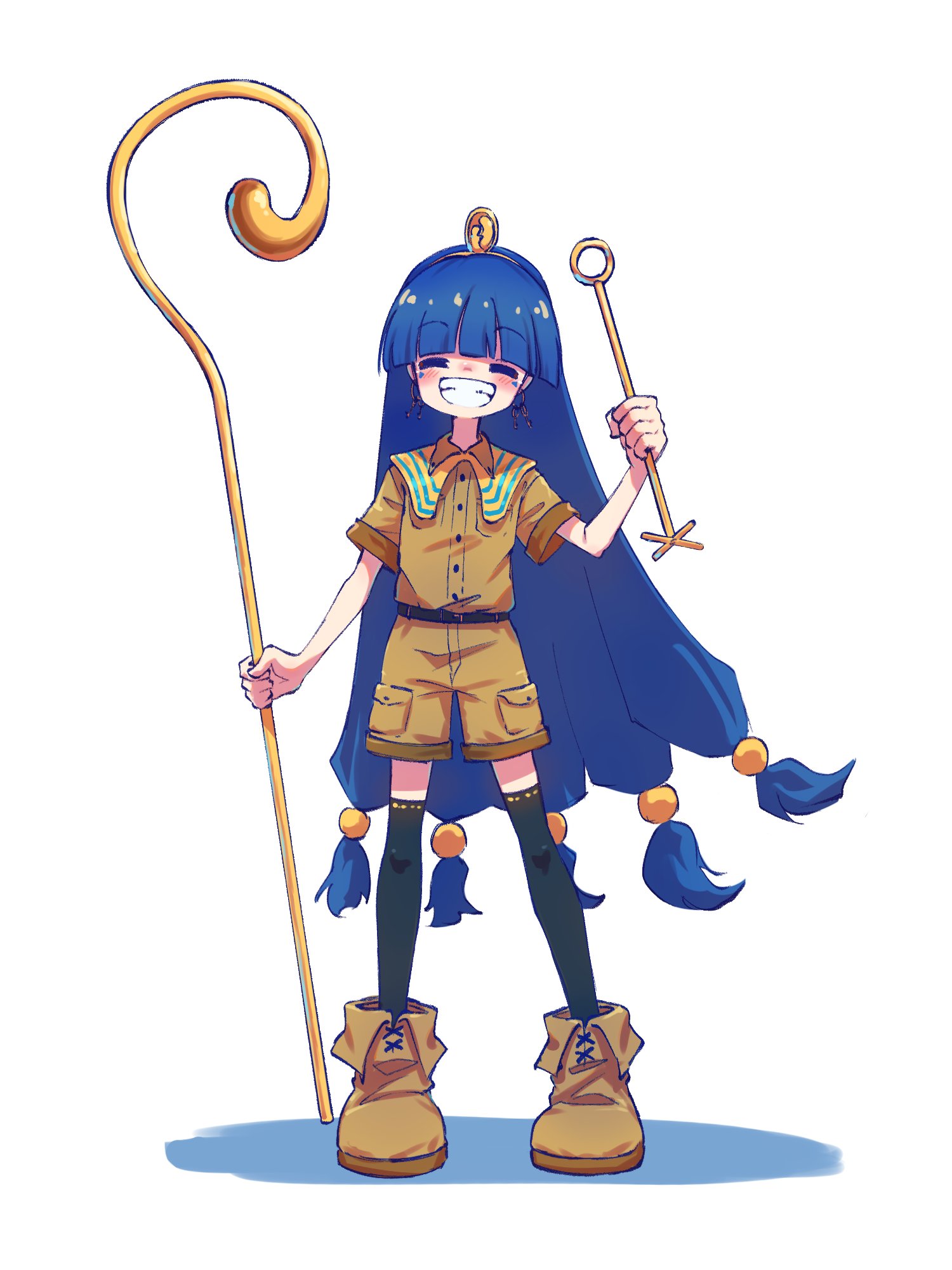 suteruko, michigami nareko, touhou, highres, 1girl, belt, black thighhighs, blue hair, blush, boots, brown boots, brown shirt, brown shorts, closed eyes, collared shirt, earrings, facial mark, facing viewer, full body, gold headdress, grin, hair ornament, holding, holding scepter, jewelry, key earrings, long hair, scepter, shirt, short sleeves, shorts, simple background, smile, solo, sphere hair ornament, thighhighs, triangle, triangle facial mark, usekh collar, very long hair, white background