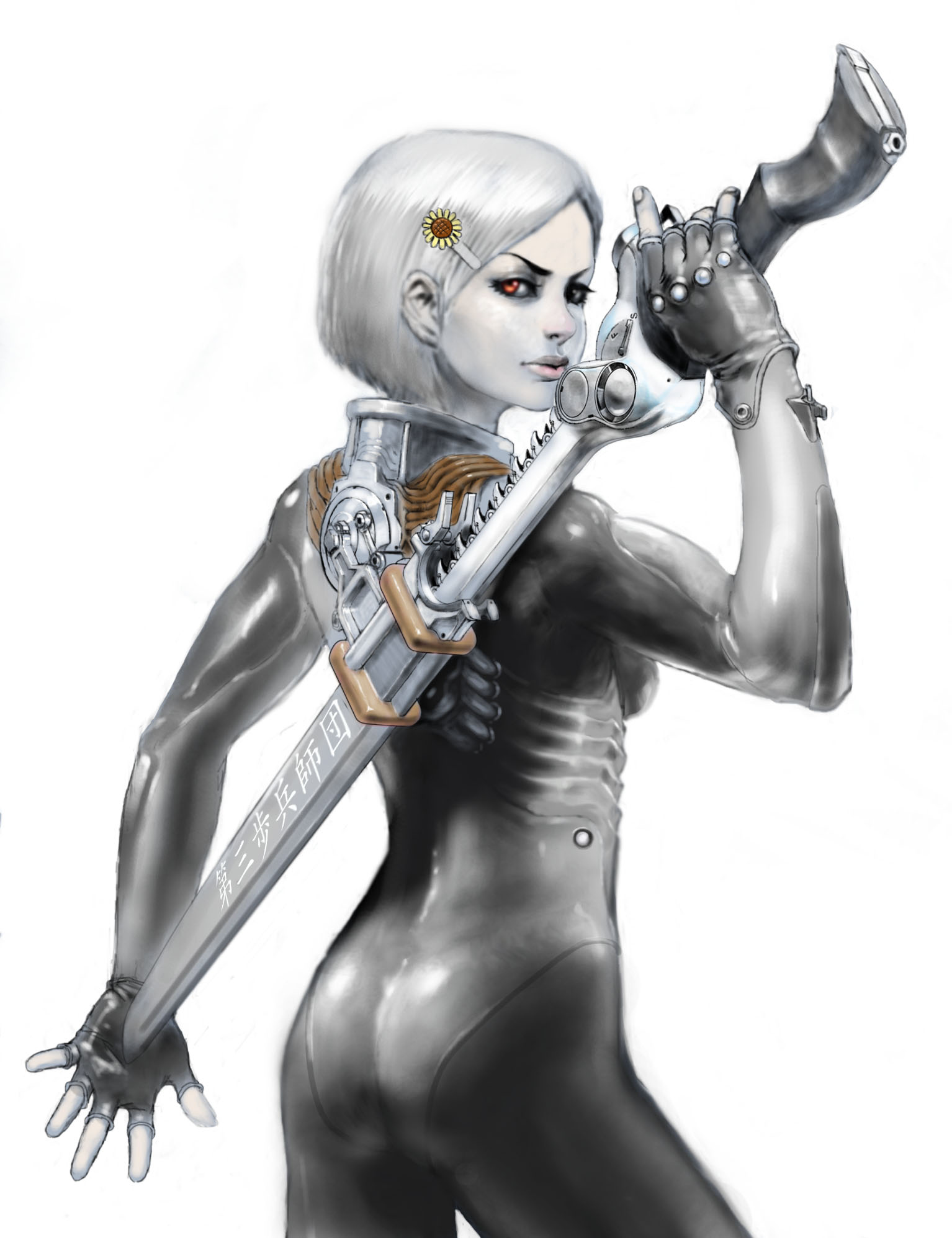 ffff (oooixiooo), highres, bodysuit, grey hair, red eyes, sheath, solo, sword, unsheathing, weapon