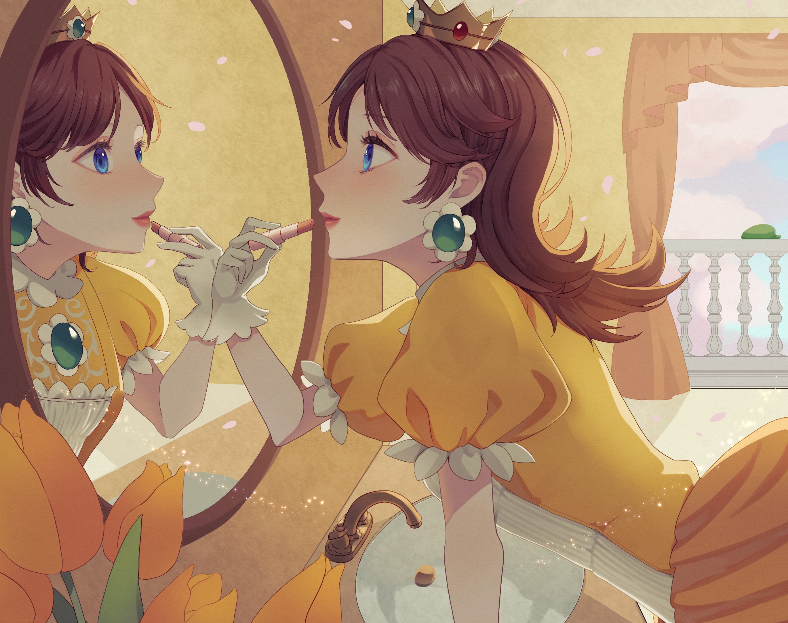 amanegi toro, princess daisy, mario (series), nintendo, highres, 1girl, blonde hair, blue eyes, brooch, brown hair, crown, dress, earrings, flipped hair, flower, flower brooch, flower earrings, gloves, hanami, jewelry, makeup, princess, puffy sleeves, short sleeves, smile, solo, sphere earrings, tulip, white gloves