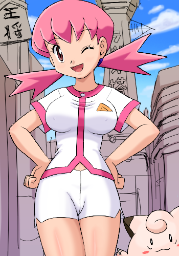 pokemoa, clefairy, whitney (pokemon), nintendo, pokemon, pokemon gsc, lowres, 1990s (style), 1girl, blush stickers, breasts, brown eyes, covered erect nipples, gen 1 pokemon, gym leader, hands on own hips, large breasts, one eye closed, pink hair, pokemon (creature), retro artstyle, smile, standing, twintails, wink