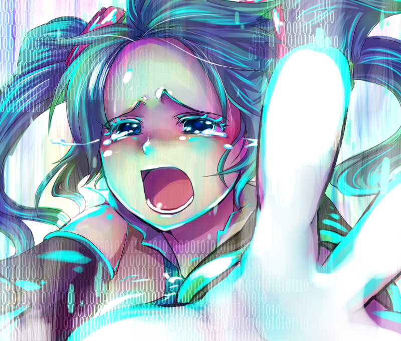 hashimochi, hatsune miku, hatsune miku no shoushitsu (vocaloid), vocaloid, 1girl, aqua hair, binary, collared shirt, colored eyelashes, crying, detached sleeves, digital dissolve, dissolving, female focus, floating hair, grey shirt, hair ornament, long hair, necktie, open mouth, outstretched arms, palms, reaching, shirt, solo, tears, twintails, upper body