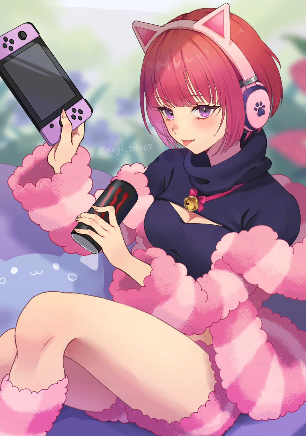 amanegi toro, original, highres, 1girl, animal ears, breasts, cat, cola, fake animal ears, headphones, large breasts, long sleeves, looking at viewer, nintendo switch, open mouth, pink eyes, red hair, short hair, simple background, sitting, smile, solo, thighs