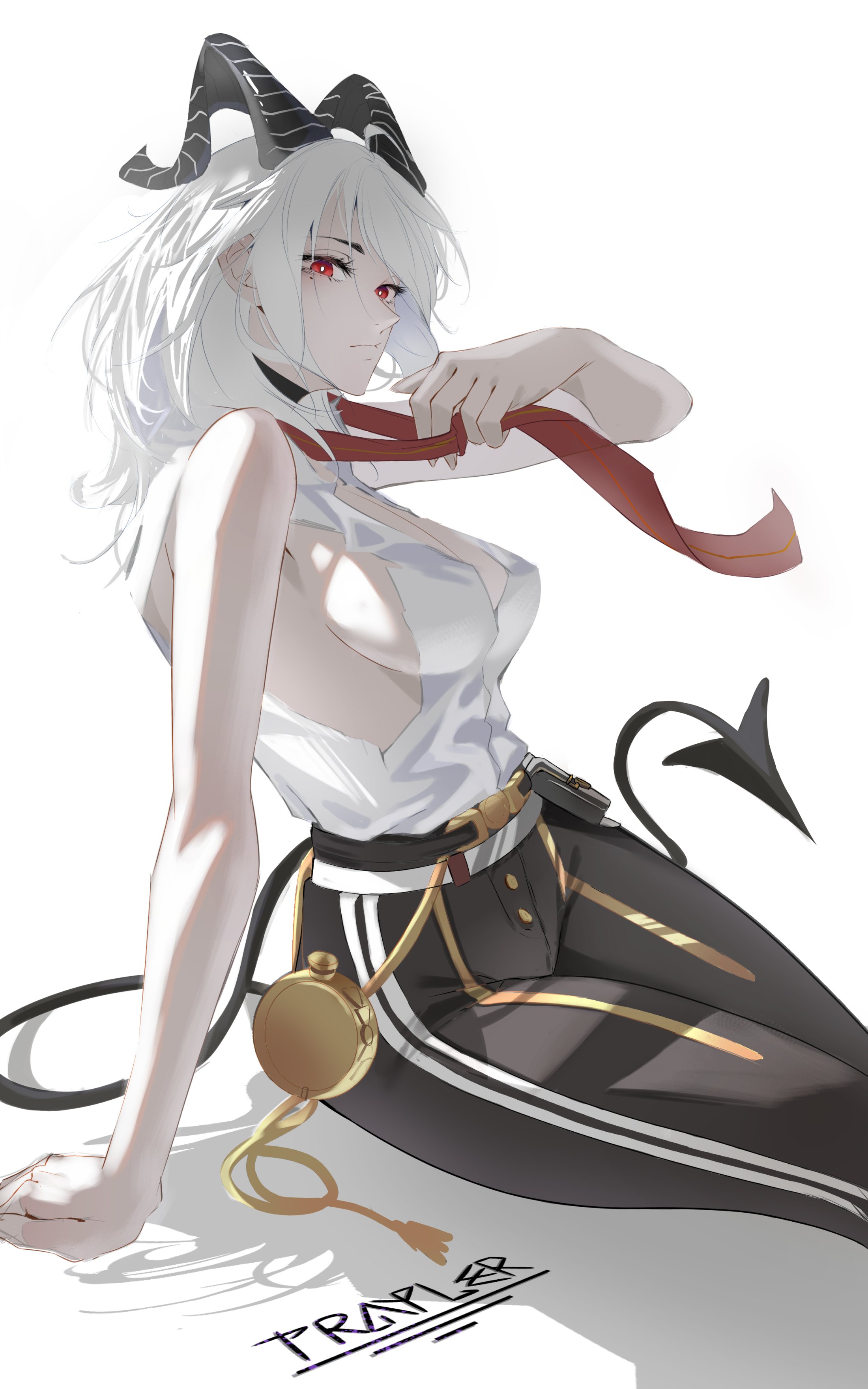 zani (wuthering waves), wuthering waves, absurdres, commentary, english commentary, highres, 1girl, adjusting clothes, adjusting necktie, arm support, artist name, bare shoulders, black horns, black pants, black tail, breasts, bright pupils, closed mouth, curled horns, demon tail, horns, long hair, looking at viewer, medium breasts, mole, mole under eye, necktie, pants, red eyes, red necktie, shirt, shirt tucked in, sideboob, sitting, solo, tail, trayler, white hair, white pupils, white shirt