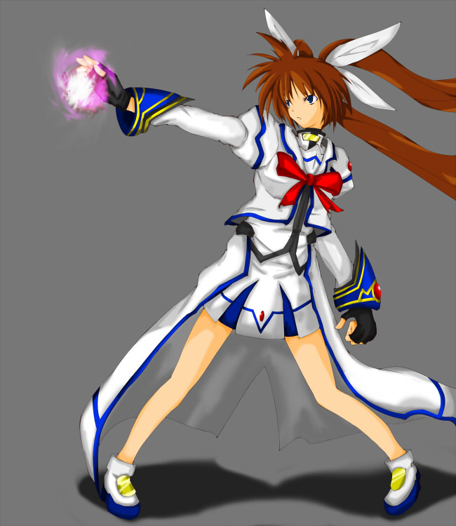 takamachi nanoha, lyrical nanoha, mahou shoujo lyrical nanoha, mahou shoujo lyrical nanoha strikers, 00s, 1girl, bare legs, black gloves, bow, bowtie, female focus, fighting stance, fingerless gloves, full body, gloves, glowing, grey background, hair ribbon, legs apart, long hair, magic, magical girl, miniskirt, red bow, red bowtie, ribbon, simple background, skirt, solo, standing, twintails, very long hair, waist cape