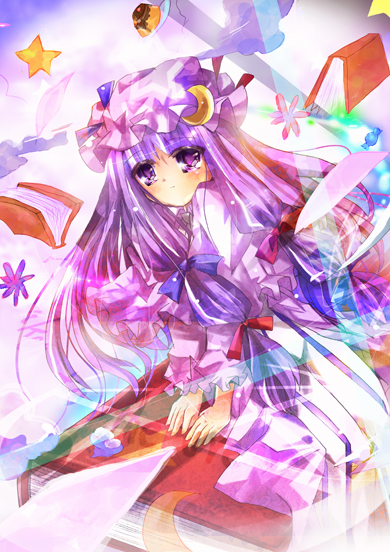 aquamarine, patchouli knowledge, touhou, striped, 1girl, blunt bangs, blush, book, crescent, dress, female focus, floating, floating object, frills, hat, long sleeves, looking at viewer, magic, mob cap, own hands together, purple dress, purple eyes, purple hair, solo, v arms, vertical stripes