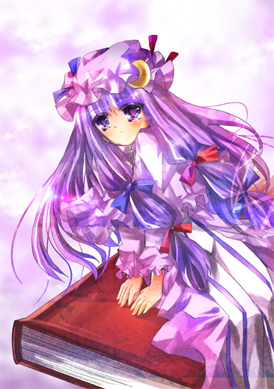 aquamarine, patchouli knowledge, touhou, striped, 1girl, blunt bangs, blush, book, crescent, dress, female focus, frills, hat, long sleeves, looking at viewer, mob cap, own hands together, purple dress, purple eyes, purple hair, solo, v arms, vertical stripes