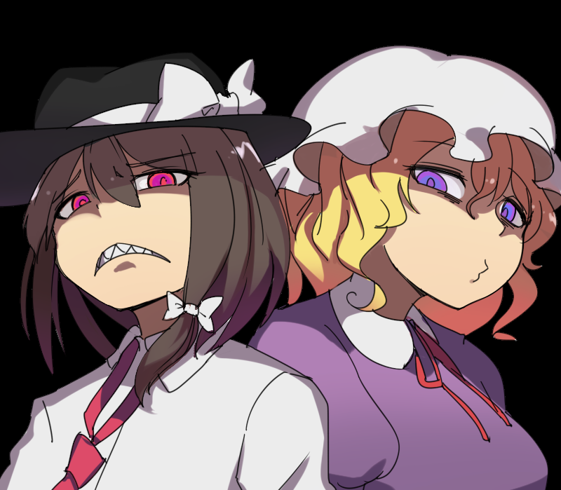 usuaji, maribel hearn, usami renko, touhou, 2girls, :3, alternate eye color, angry, black background, blonde hair, brown hair, dress, fedora, hat, mob cap, multiple girls, necktie, purple dress, purple eyes, shirt, white shirt