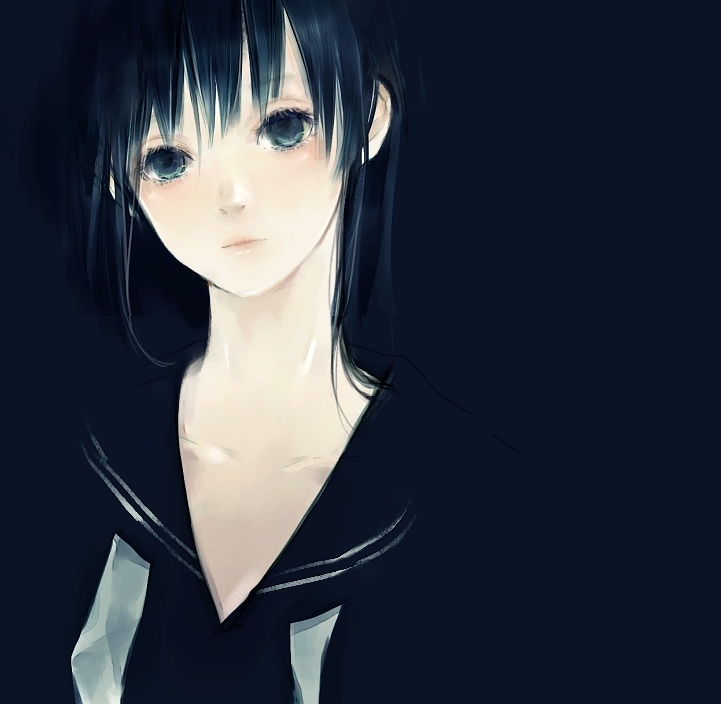 tsug, bad id, bad pixiv id, black background, black hair, black serafuku, blue eyes, blue hair, eyelashes, head tilt, long hair, school uniform, serafuku, simple background, solo