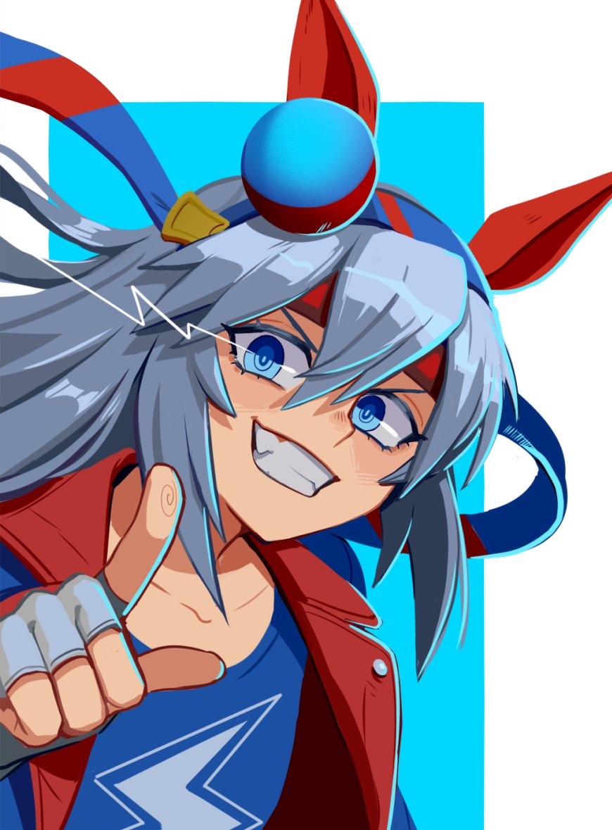 tamamo cross (umamusume), umamusume, commentary, 1girl, blue eyes, boro^2, ear covers, fingerless gloves, gloves, grey hair, grin, hairband, headband, jacket, long hair, looking at viewer, open clothes, open jacket, pointing, pointing at viewer, smile, solo, upper body, v-shaped eyebrows