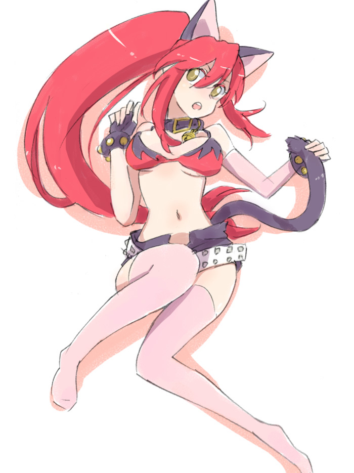 mokeo, yoko littner, tengen toppa gurren lagann, bad id, bad pixiv id, 00s, 1girl, animal ears, bikini, bikini top only, cat ears, cat tail, female focus, long hair, ponytail, red hair, solo, swimsuit, tail, thighhighs, yellow eyes