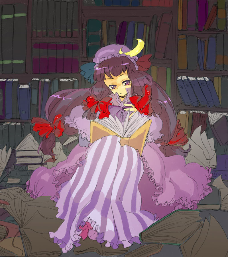 mokeo, patchouli knowledge, touhou, bad id, bad pixiv id, 1girl, blunt bangs, book, bookshelf, crescent, dress, female focus, hat, library, long hair, long sleeves, looking at viewer, mob cap, open book, purple dress, purple eyes, purple hair, sitting, solo, very long hair, voile