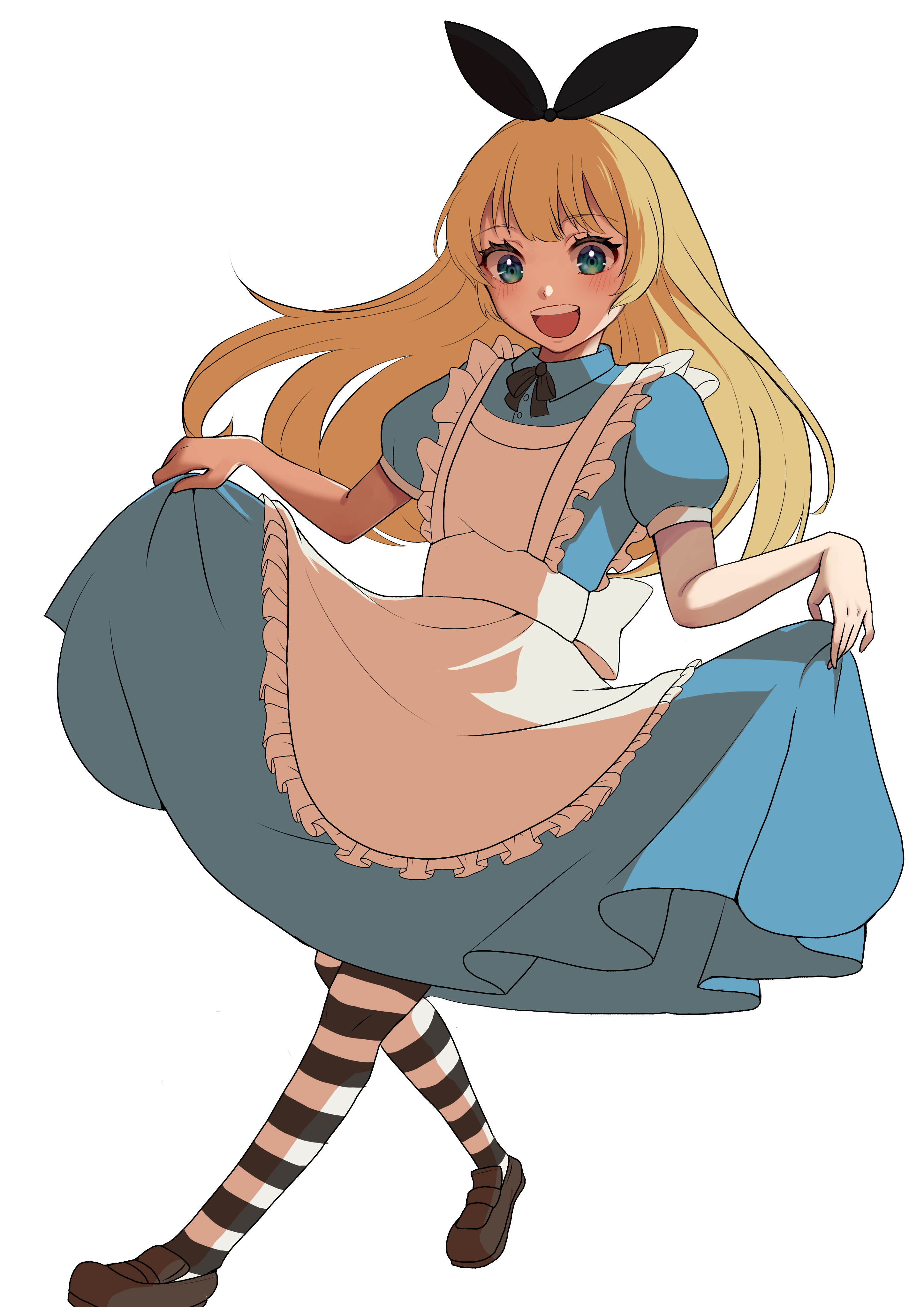 amanegi toro, alice (alice in wonderland), alice's adventures in wonderland, absurdres, highres, 1girl, blonde hair, blue eyes, bow, curtsey, dress, full body, long hair, looking at viewer, neck ribbon, open mouth, ribbon, smile, solo