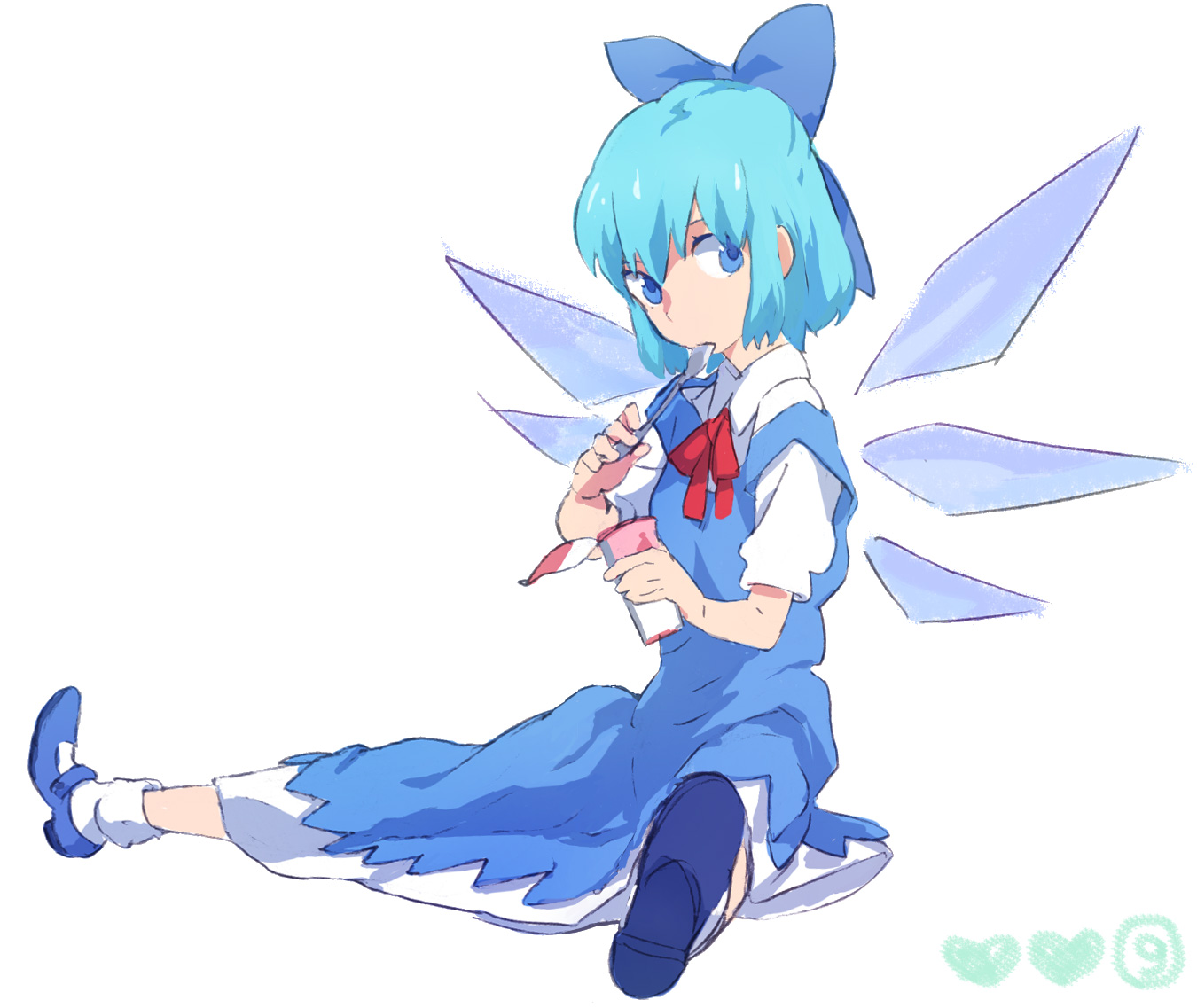 mitosa, cirno, phantasmagoria of flower view, touhou, 1girl, blue eyes, blue hair, bow, circled 9, dress, female focus, food, hair bow, holding, holding spoon, mary janes, matching hair/eyes, shoes, short hair, sitting, solo, spoon, wings