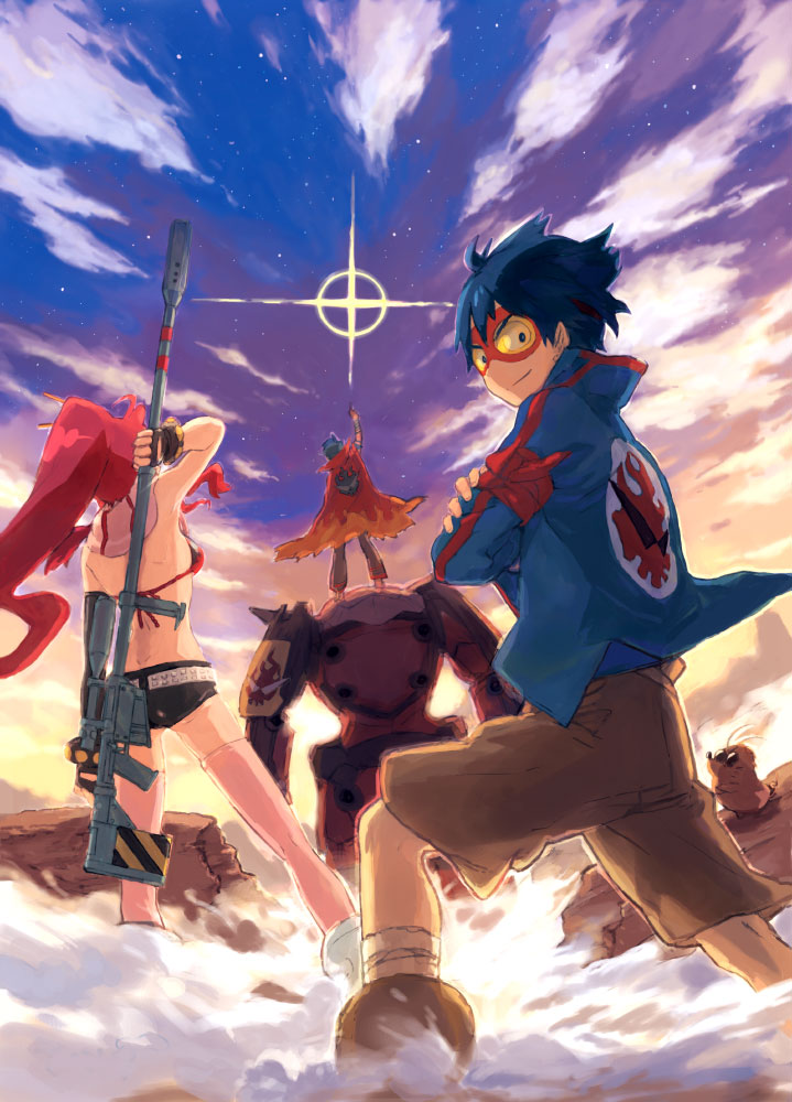 mitosa, boota (ttgl), gurren, kamina (ttgl), simon (ttgl), yoko littner, tengen toppa gurren lagann, bad id, bad pixiv id, 00s, 1girl, 2boys, belt, bikini, bikini top only, blue hair, cape, cloud, crossed arms, elbow gloves, fingerless gloves, from behind, gloves, goggles, gun, jacket, kamina pose, long hair, mecha, multiple boys, pink thighhighs, pointing, pointing up, ponytail, red hair, rifle, robot, scarf, shorts, sky, smile, space, star (symbol), studded belt, sunglasses, swimsuit, thighhighs, weapon, zettai ryouiki