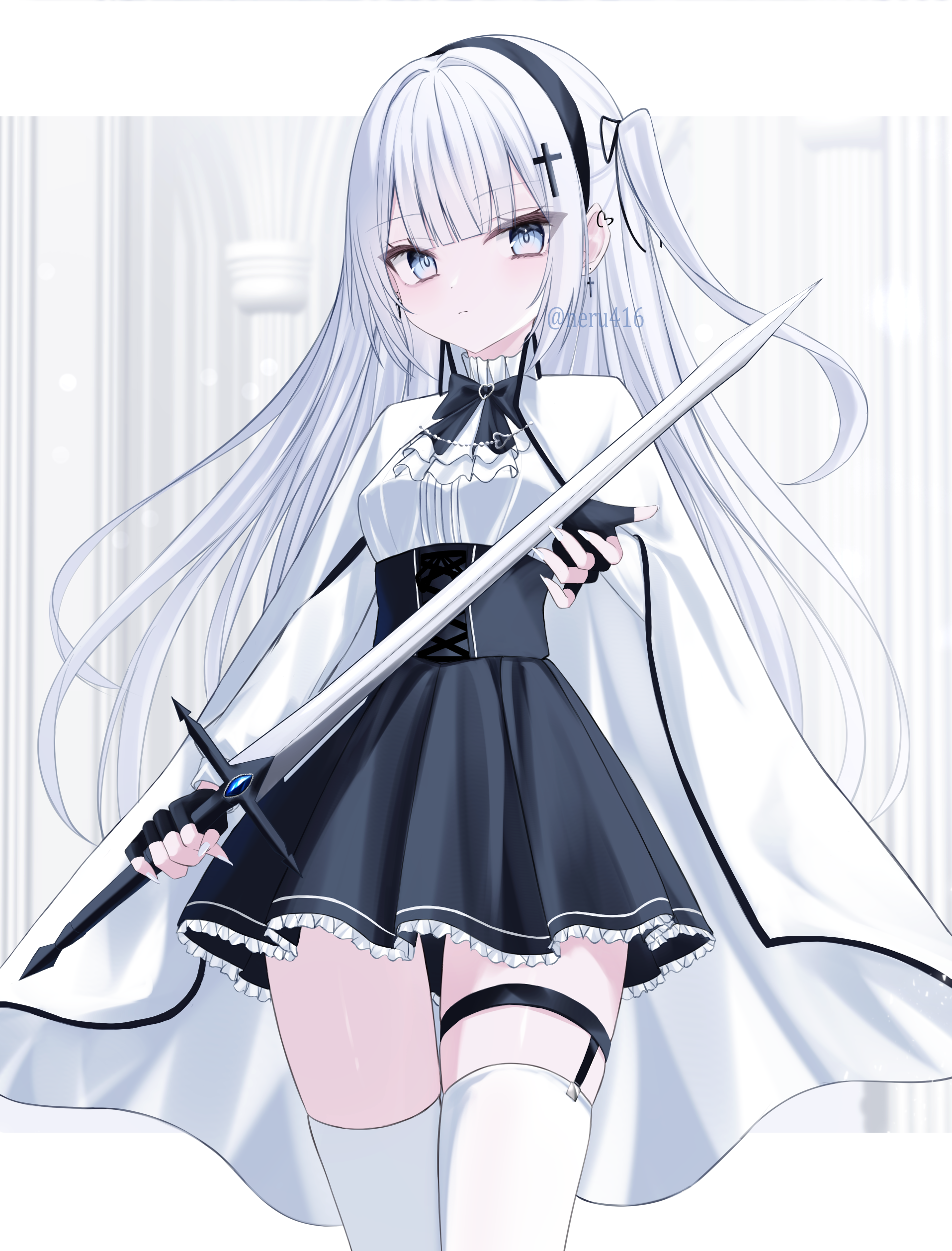 iris37337, original, absurdres, commentary, english commentary, highres, 1girl, ascot, black bow, black bowtie, black hairband, black skirt, blue eyes, blunt bangs, bow, bowtie, breasts, cloak, closed mouth, cross, cross-laced clothes, cross-laced skirt, cross earrings, cross hair ornament, earrings, fingerless gloves, fingernails, gloves, hair ornament, hairband, heart, heart earrings, high-waist skirt, holding, holding sword, holding weapon, jewelry, latin cross, legwear garter, long fingernails, long hair, long sleeves, looking at viewer, one side up, sharp fingernails, skirt, small breasts, solo, sword, thighhighs, twitter username, very long hair, weapon, white ascot, white cloak, white hair, white nails, white thighhighs