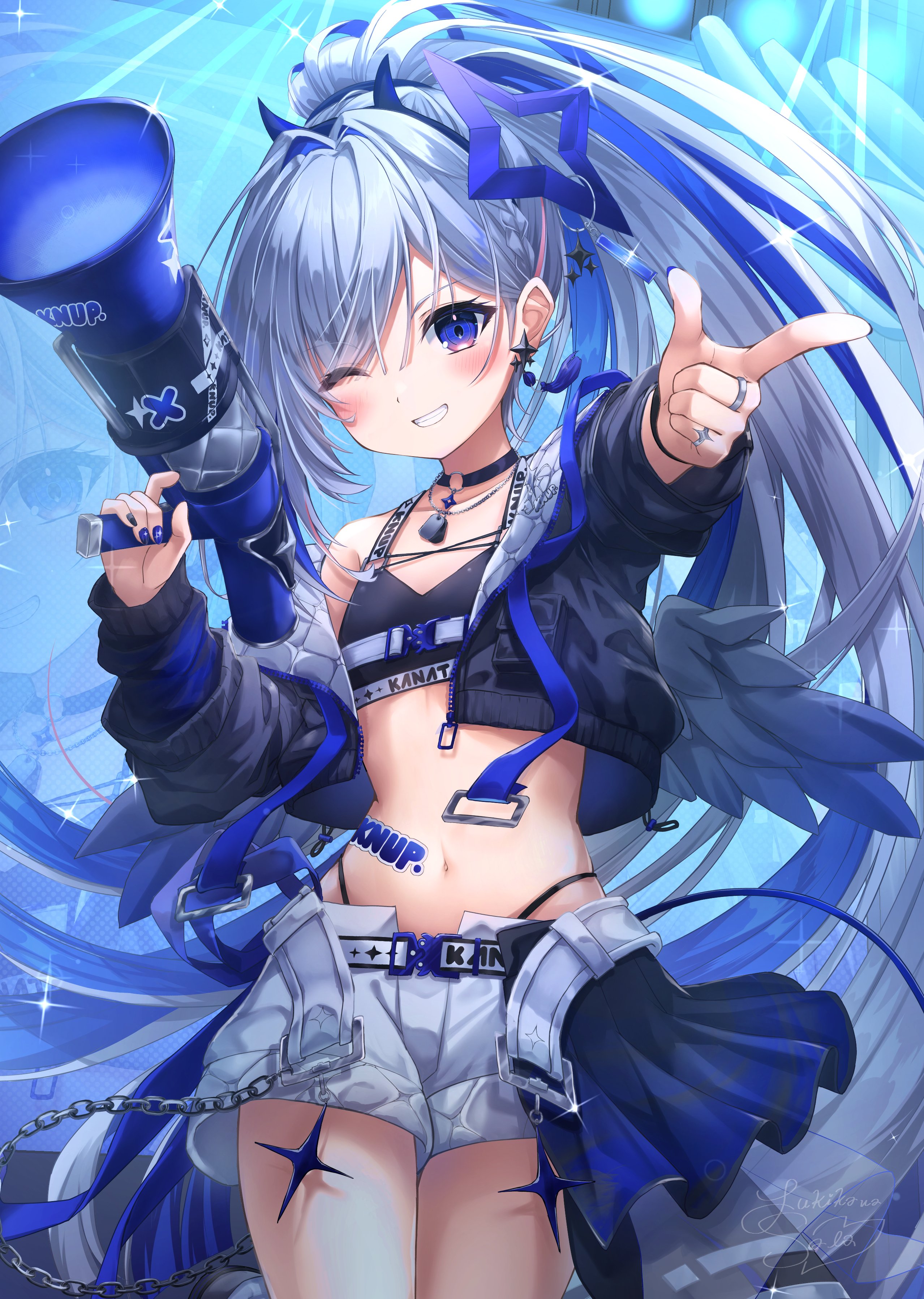 yukikawa sara, amane kanata, hololive, absurdres, highres, 1girl, blue nails, bra, grey hair, halo, holding, holding megaphone, long hair, megaphone, navel, official alternate hairstyle, one eye closed, shorts, solo, star halo, underwear, virtual youtuber