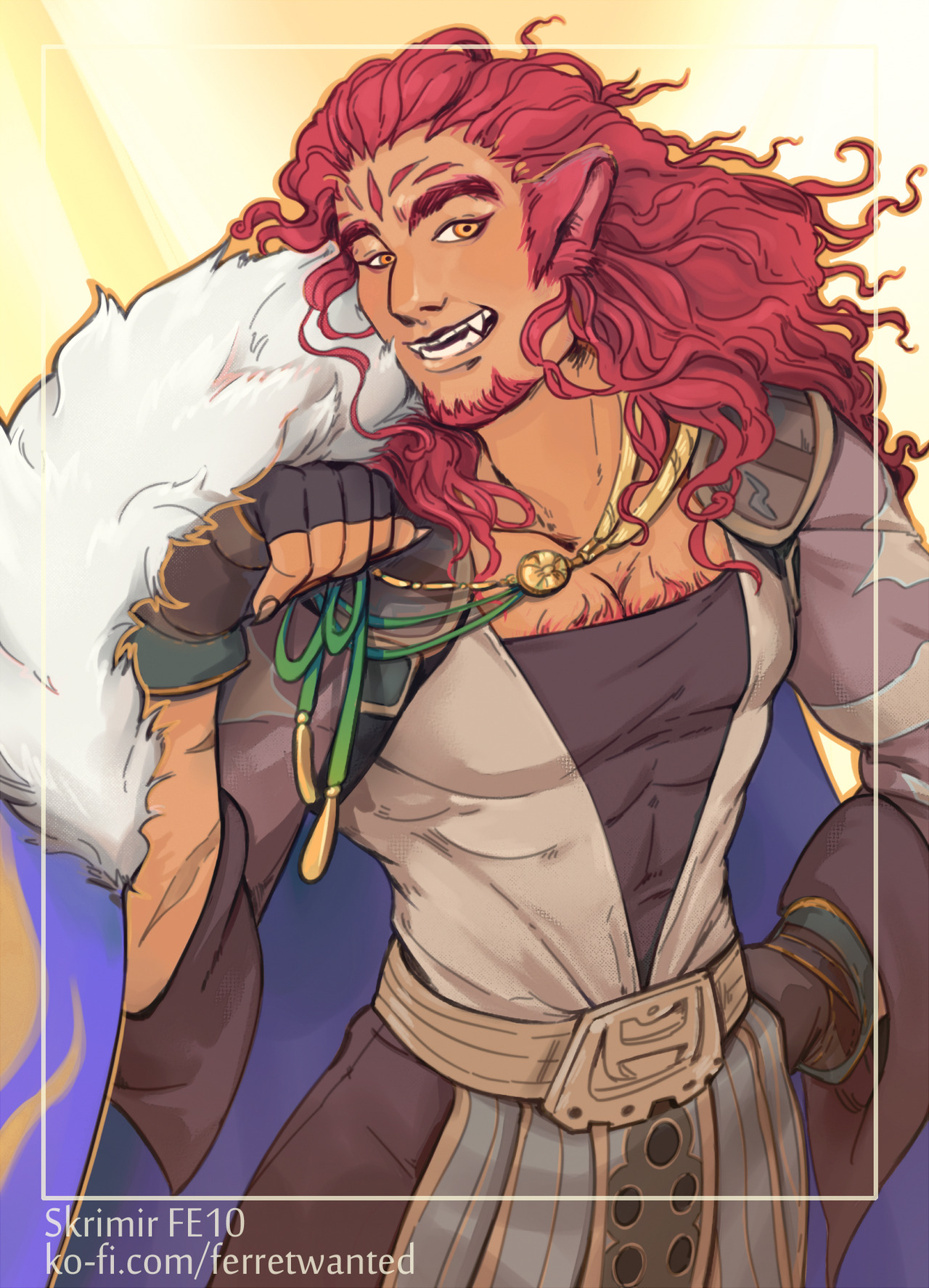 ferretwanted, skrimir (fire emblem), fire emblem, fire emblem: radiant dawn, nintendo, commentary, commission, highres, ko-fi commission, 1boy, animal ears, bara, character name, chest hair, chest hair peek, facial hair, ko-fi username, long hair, male focus, muscular, muscular male, pectoral cleavage, pectorals, red hair, scar, scar on arm