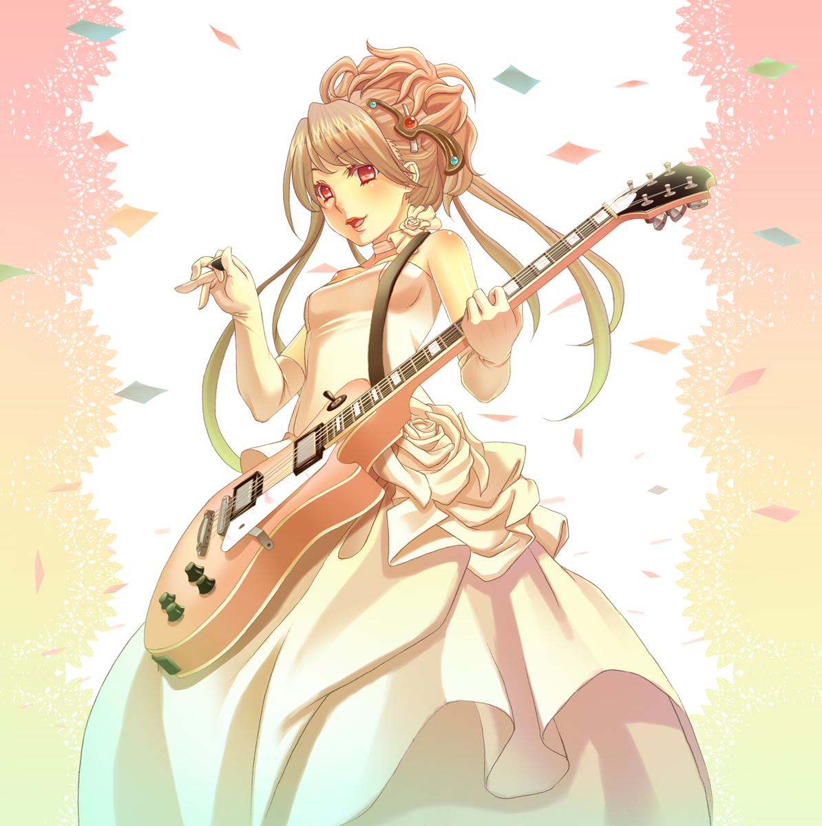 terumii, original, bad id, bad pixiv id, highres, bride, brown hair, choker, dress, elbow gloves, gloves, guitar, instrument, red eyes, solo, wedding dress, white dress