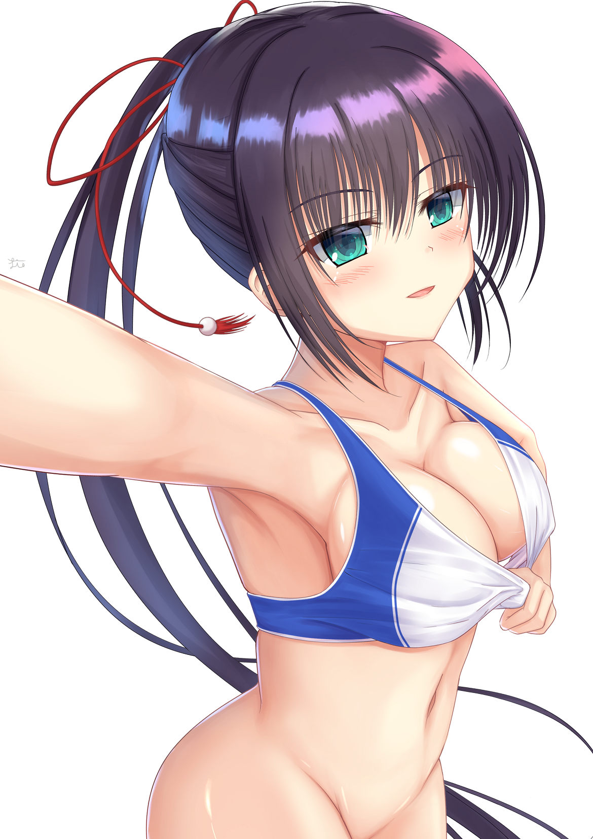 rio (lio yuzu), amagiri yune, amairo islenauts, commentary request, highres, paid reward available, 1girl, :d, aqua eyes, armpits, backboob, black hair, blush, bottomless, breasts, cleavage, clothes pull, collarbone, covered erect nipples, cowboy shot, eyelashes, eyes visible through hair, foreshortening, groin, hair between eyes, hair ribbon, large breasts, long hair, looking at viewer, navel, open mouth, out-of-frame censoring, outstretched arm, ponytail, pulling own clothes, red ribbon, ribbon, selfie, sidelocks, signature, simple background, smile, solo, sports bra, sports bra pull, stomach, straight hair, very long hair, white background