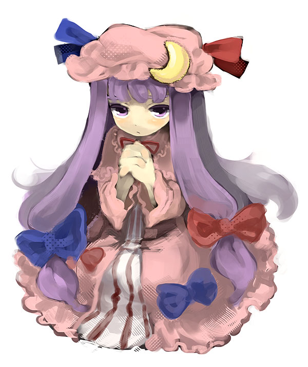 dadami, patchouli knowledge, touhou, striped, bad id, bad pixiv id, 1girl, blue bow, blunt bangs, bow, cape, crescent, crescent moon, dress, expressionless, female focus, hair bow, hat, hat bow, long sleeves, looking at viewer, moon, own hands clasped, own hands together, pink dress, purple eyes, purple hair, red bow, solo, vertical stripes