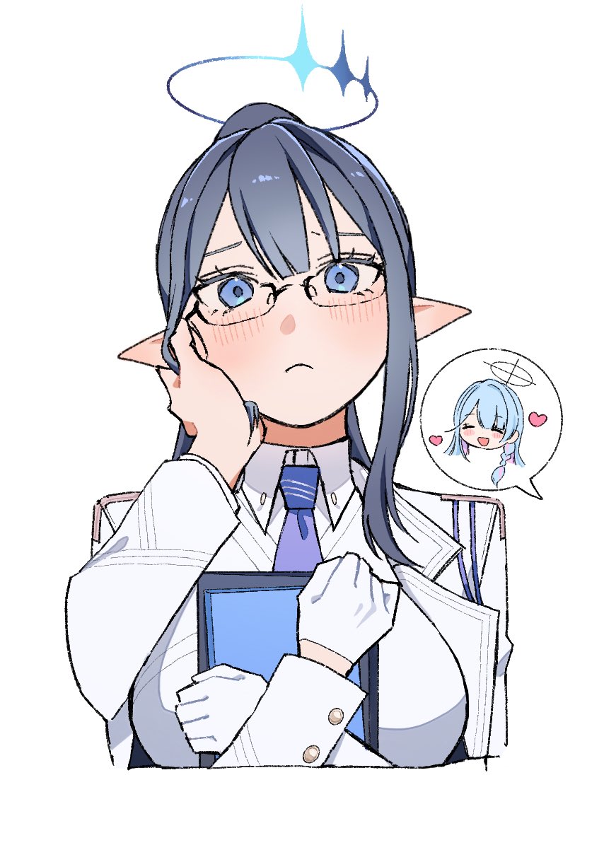 cheese gyudon, general student council president (blue archive), rin (blue archive), blue archive, highres, 2girls, :d, blue eyes, blue hair, blue halo, blue necktie, braid, breasts, clipboard, closed mouth, coat, cropped torso, dress, frown, glasses, grey hair, halo, hand on another's cheek, hand on another's face, heart, holding, holding clipboard, large breasts, long hair, looking at viewer, multiple girls, necktie, open clothes, open coat, open mouth, pointy ears, ponytail, side braid, simple background, smile, spoken character, white background, white coat, white dress