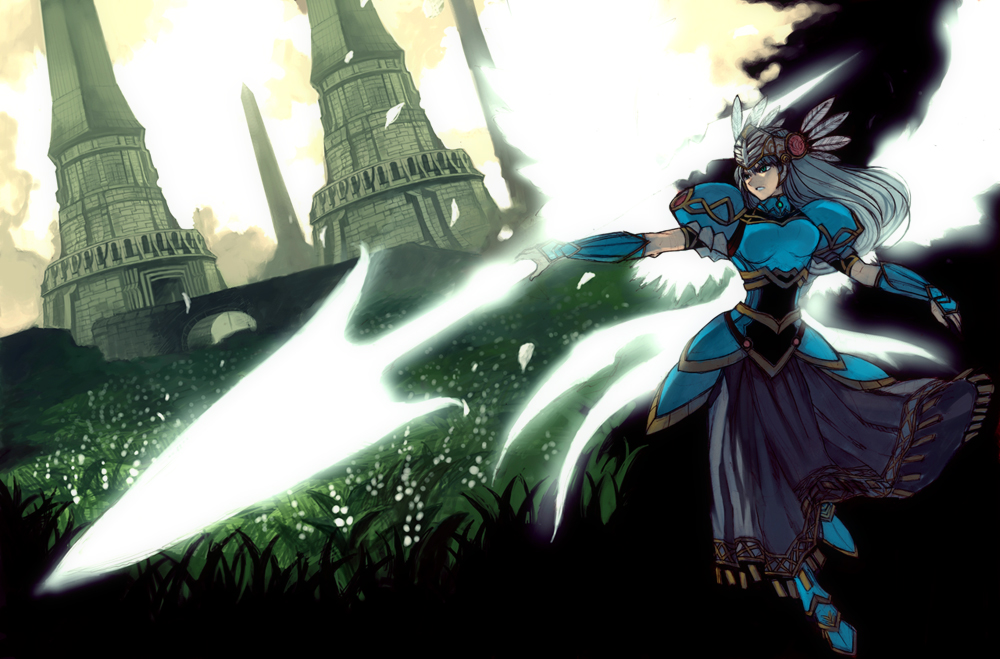 lack, lenneth valkyrie, valkyrie profile (series), bad id, bad pixiv id, 1girl, armor, armored dress, dress, female focus, lance, nibelung valesti, polearm, solo, spear, valkyrie, weapon