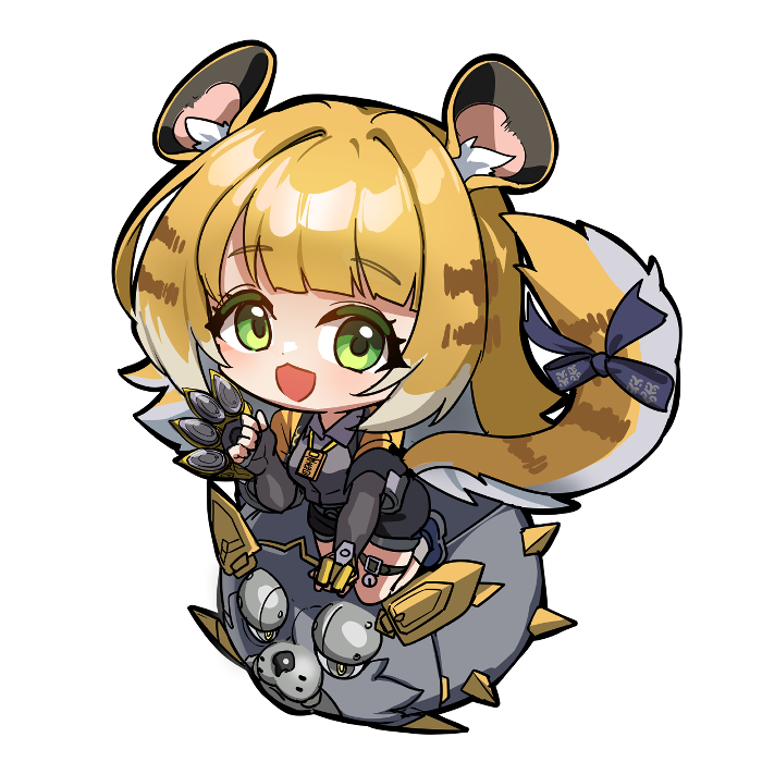 ebi bento, hu wei (zenless zone zero), ju fufu, zenless zone zero, animal ear fluff, animal ears, bow, green eyes, high-waist shorts, jacket, open mouth, orange fur, shorts, striped fur, striped hair, tail, tail bow, tail ornament, thigh strap, tiger ears, tiger girl, tiger stripes, tiger tail, yellow jacket
