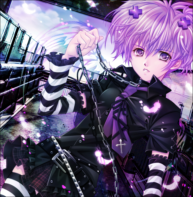 hinamori amu, moonstone, shugo chara!, bad id, bad pixiv id, 1girl, chain, collar, cross hair ornament, female focus, hair ornament, looking at viewer, plaid clothes, plaid skirt, purple eyes, purple hair, skirt, solo, striped clothes, striped thighhighs, thighhighs, zettai ryouiki