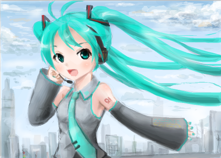 hatsune miku, vocaloid, lowres, 1girl, city, cloud, day, detached sleeves, female focus, green eyes, green hair, headphones, long hair, sky, solo
