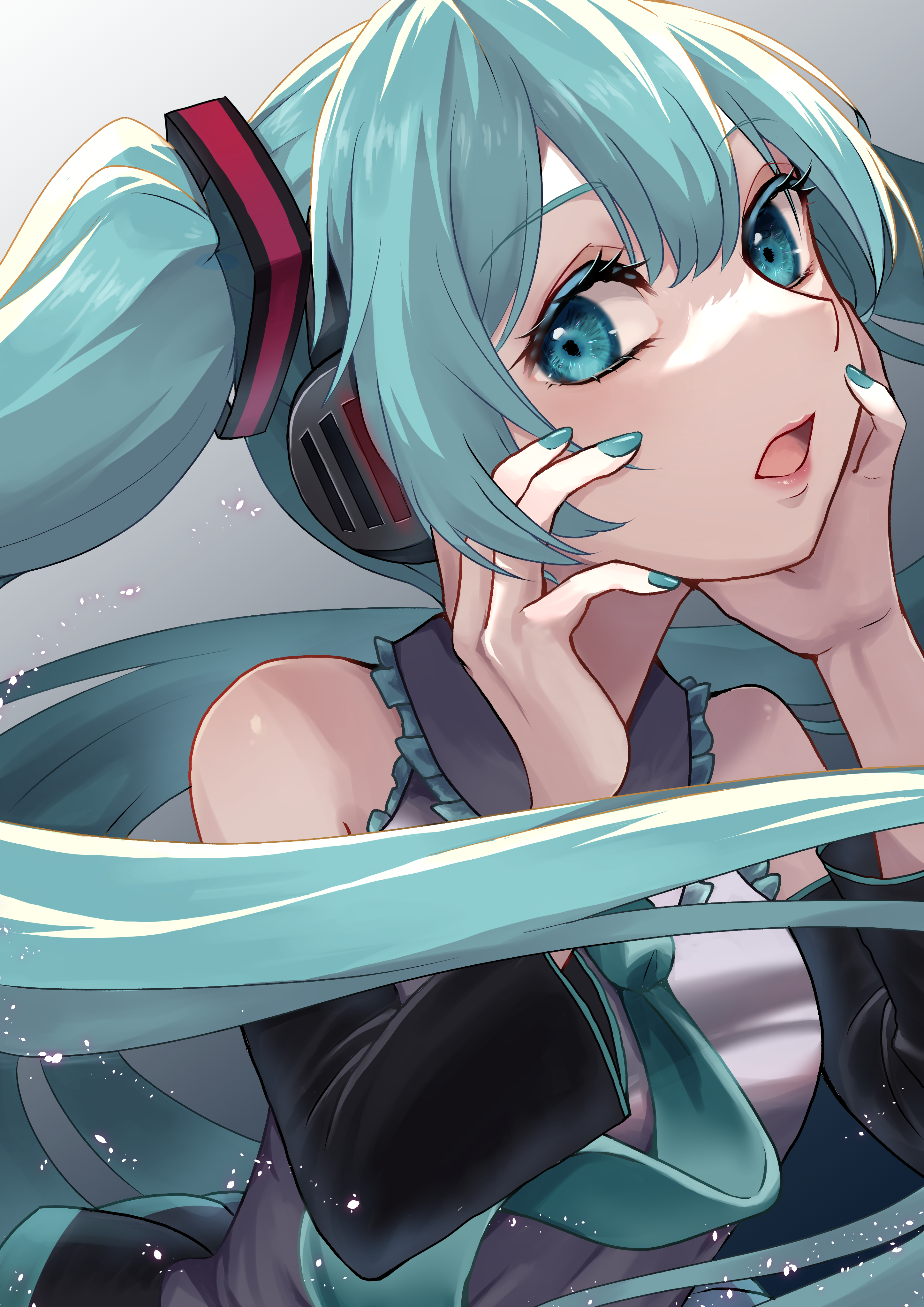amanegi toro, hatsune miku, vocaloid, absurdres, highres, 1girl, aqua eyes, aqua hair, bare shoulders, blue eyes, blue hair, blush, detached sleeves, hair ornament, long hair, looking at viewer, necktie, open mouth, shirt, sleeveless, smile, solo, thighhighs, twintails, very long hair