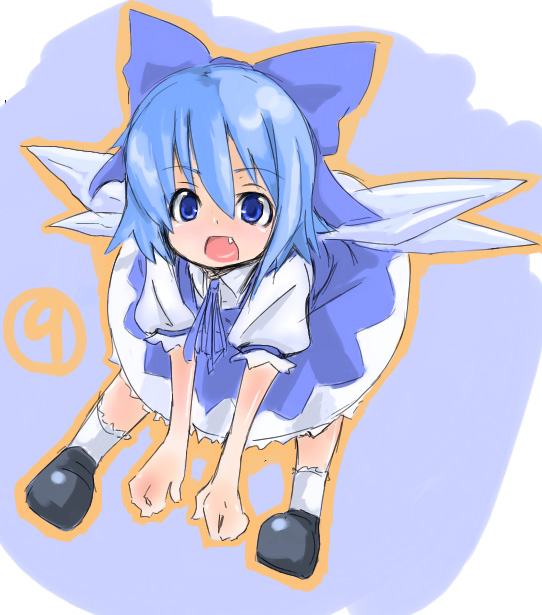mip, cirno, phantasmagoria of flower view, touhou, 1girl, bow, circled 9, fang, female focus, open mouth, socks, solo, white socks