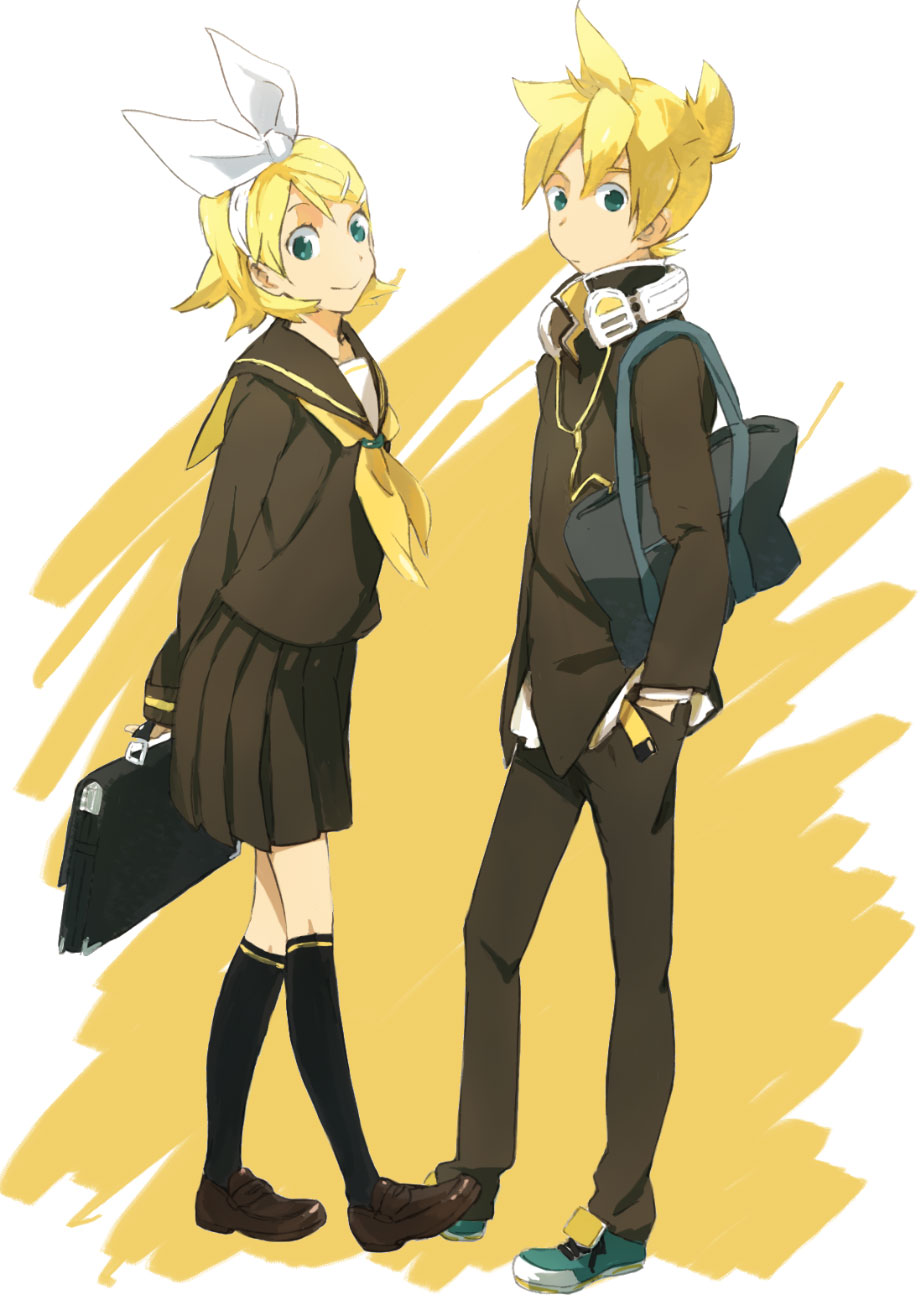 mitosa, kagamine len, kagamine rin, vocaloid, bad id, bad pixiv id, highres, 1boy, 1girl, brother and sister, school uniform, serafuku, siblings, twins