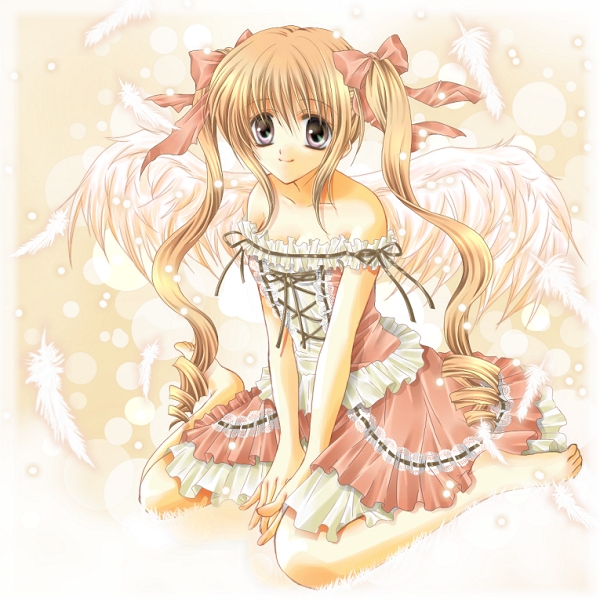 min-mu, original, bad id, bad pixiv id, bare shoulders, blue eyes, brown hair, drill hair, feathers, hair ribbon, ribbon, solo, twintails, wings
