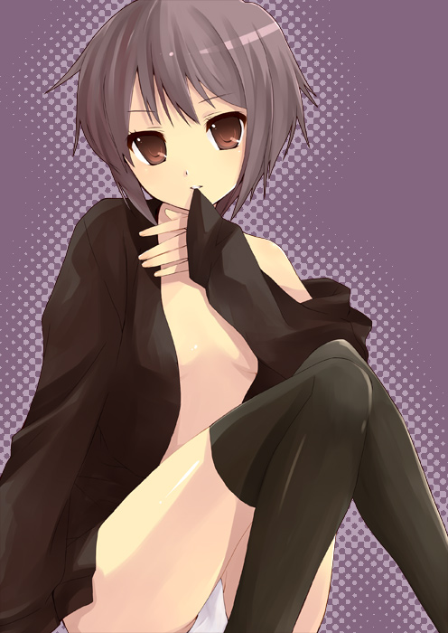 hijiki (hijikini), hijikini, nagato yuki, suzumiya haruhi no yuuutsu, 00s, 1girl, female focus, open clothes, open shirt, shirt, solo, thighhighs