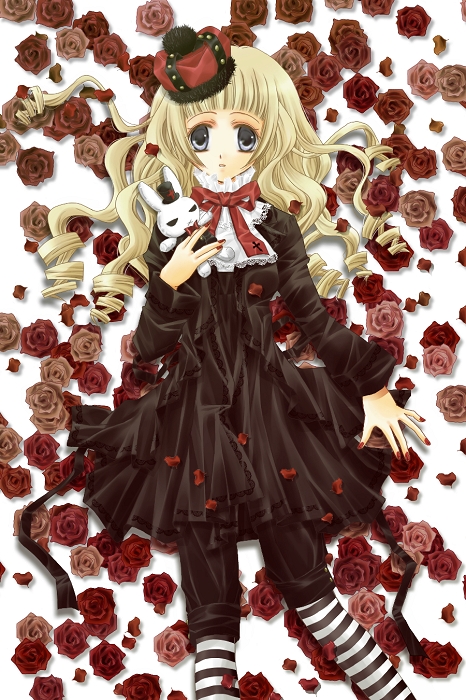 min-mu, original, bad id, bad pixiv id, 1girl, blonde hair, blue eyes, female focus, goth fashion, pantyhose, solo, striped clothes, striped pantyhose