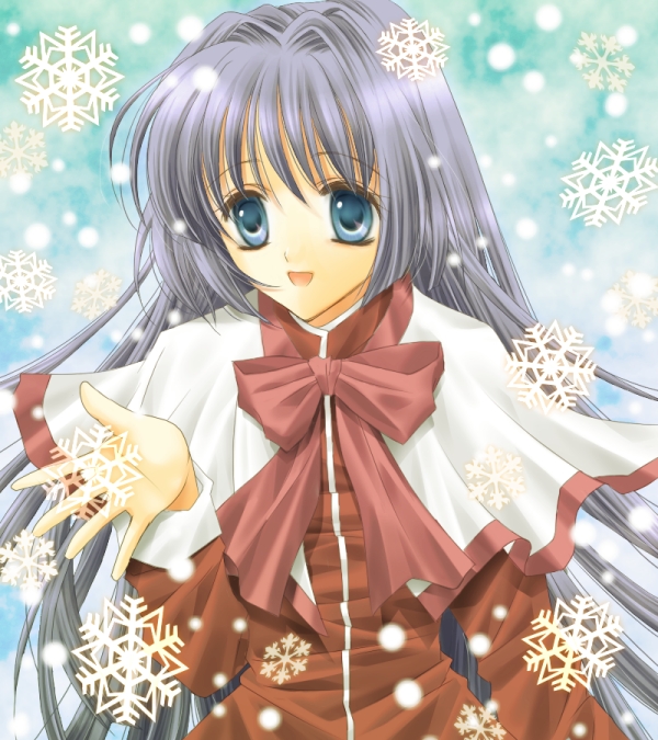 min-mu, minase nayuki, kanon, bad id, bad pixiv id, blue eyes, blue hair, school uniform, serafuku, snow, snowflakes, solo