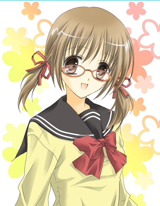 min-mu, original, bad id, bad pixiv id, brown hair, glasses, red eyes, school uniform, serafuku, solo, twintails