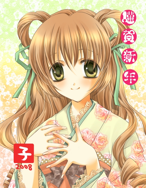 min-mu, original, bad id, bad pixiv id, 00s, 2008, brown hair, new year, solo, yellow eyes