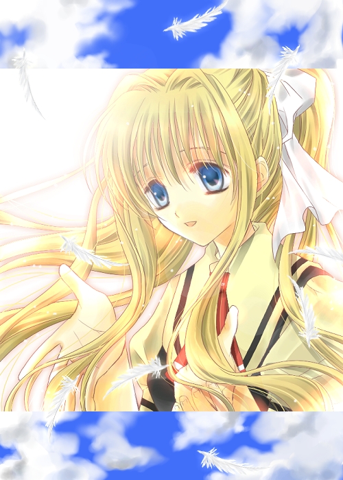 min-mu, kamio misuzu, air (visual novel), 00s, 1girl, :d, ascot, blonde hair, blue eyes, blunt bangs, blush, collar, feathers, female focus, open mouth, parted lips, puffy short sleeves, puffy sleeves, school uniform, serafuku, short sleeves, smile, solo, tareme, upper body