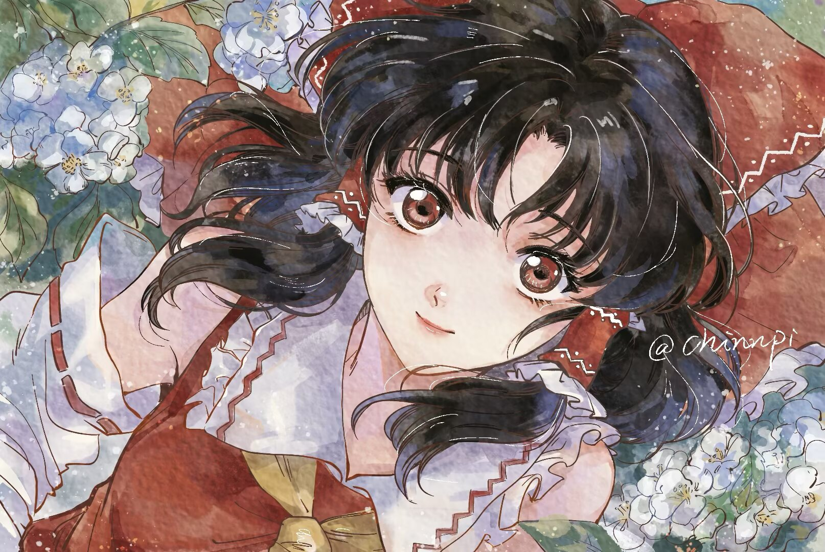 chinnpi, hakurei reimu, touhou, commentary request, highres, 1girl, ascot, black hair, bow, closed mouth, detached sleeves, faux traditional media, flower, frilled bow, frilled hair tubes, frills, hair bow, hair tubes, long hair, looking at viewer, red bow, red eyes, ribbon-trimmed sleeves, ribbon trim, smile, solo, white flower, yellow ascot